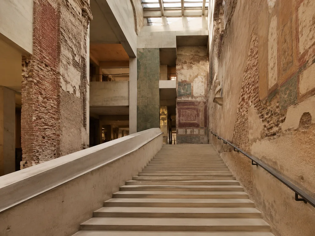 The staircase hall of the Neues Museum with war damage visibly left in place